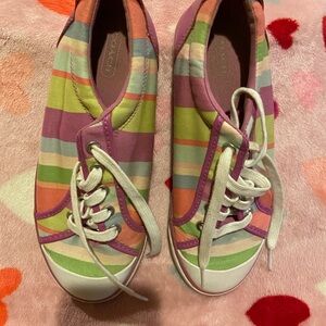 Coach Pink/Green/White Striped Canvas Athletic Shoes